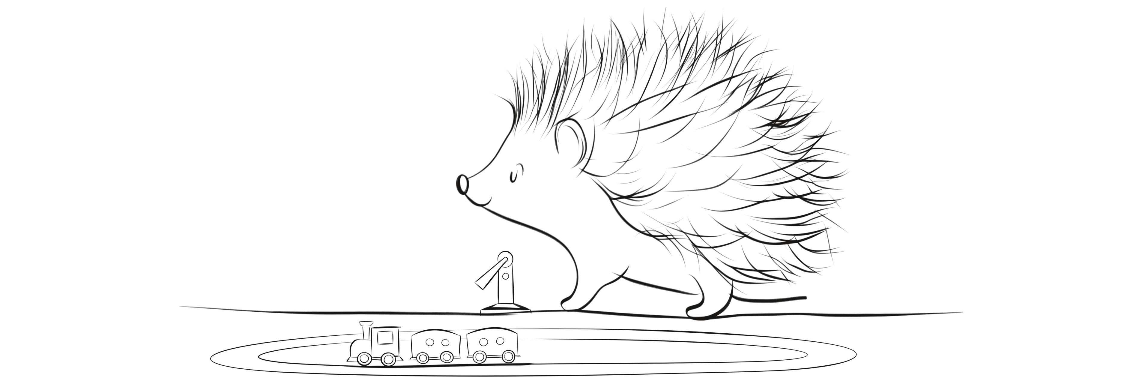 A hedgehog watches a toy engine go round a small circular track beside a signal post.