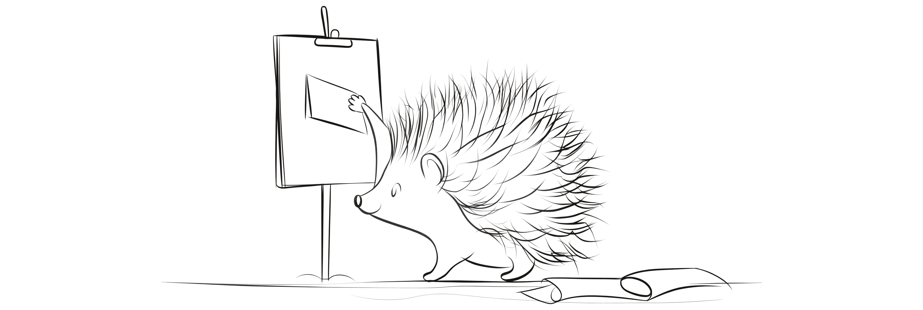 A hedgehog pins a short card to a noticeboard on a post, beside a long scroll unrolled on the ground.