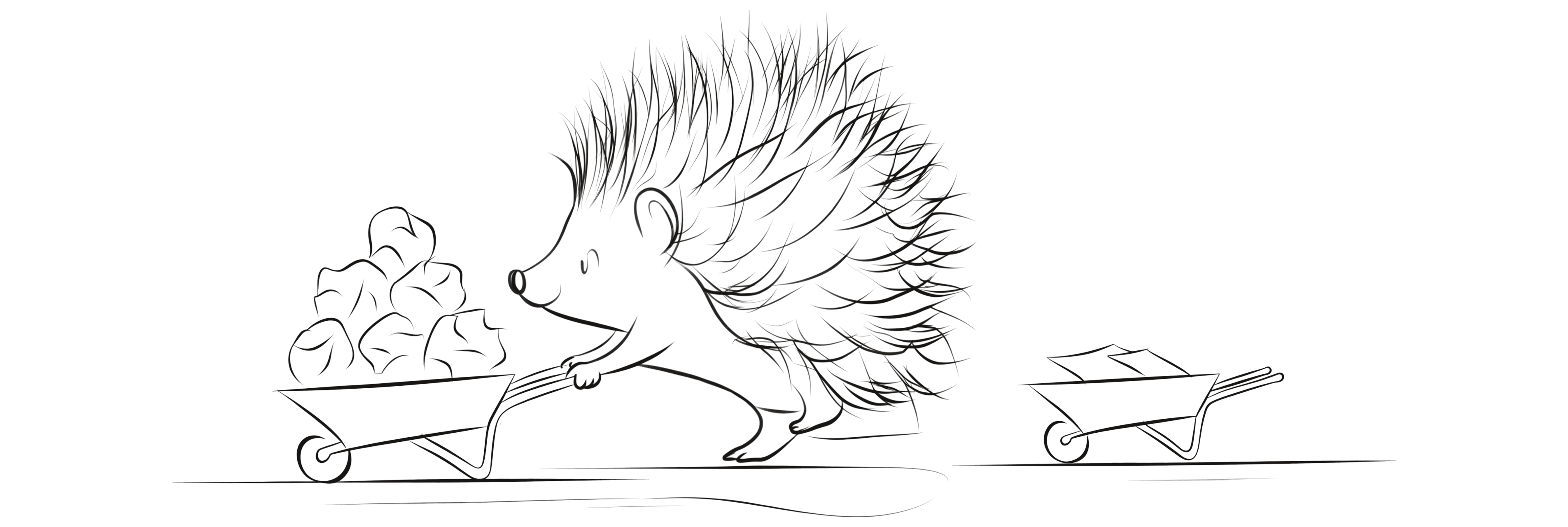 A hedgehog pushes a wheelbarrow heaped with crumpled paper past an empty one holding a single folded sheet.