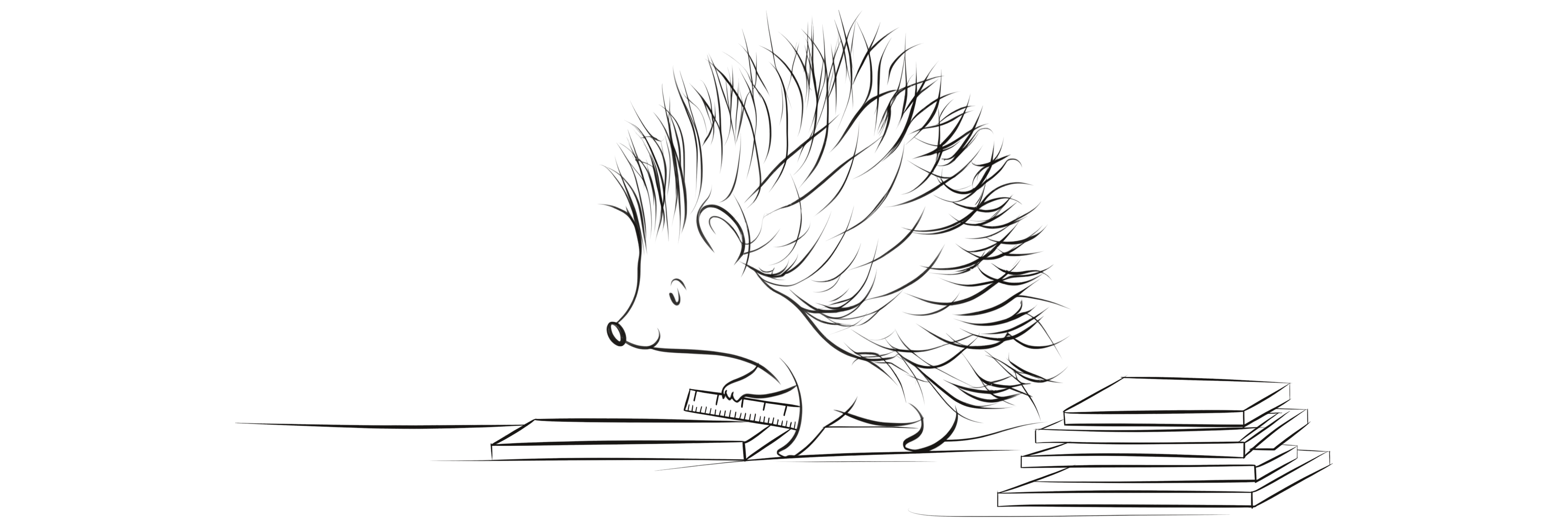 A hedgehog measures a plank with a carpenter's ruler beside a neat stack of cut planks.