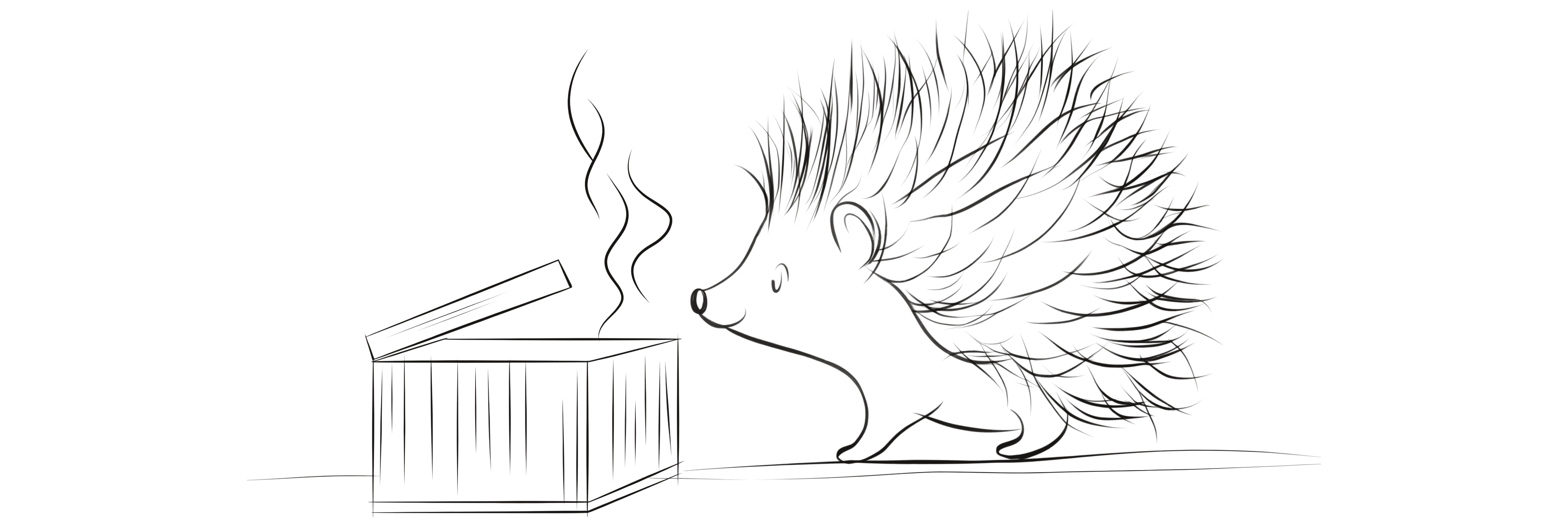 A hedgehog sniffs at an open wooden crate with wavy smell lines rising from it.