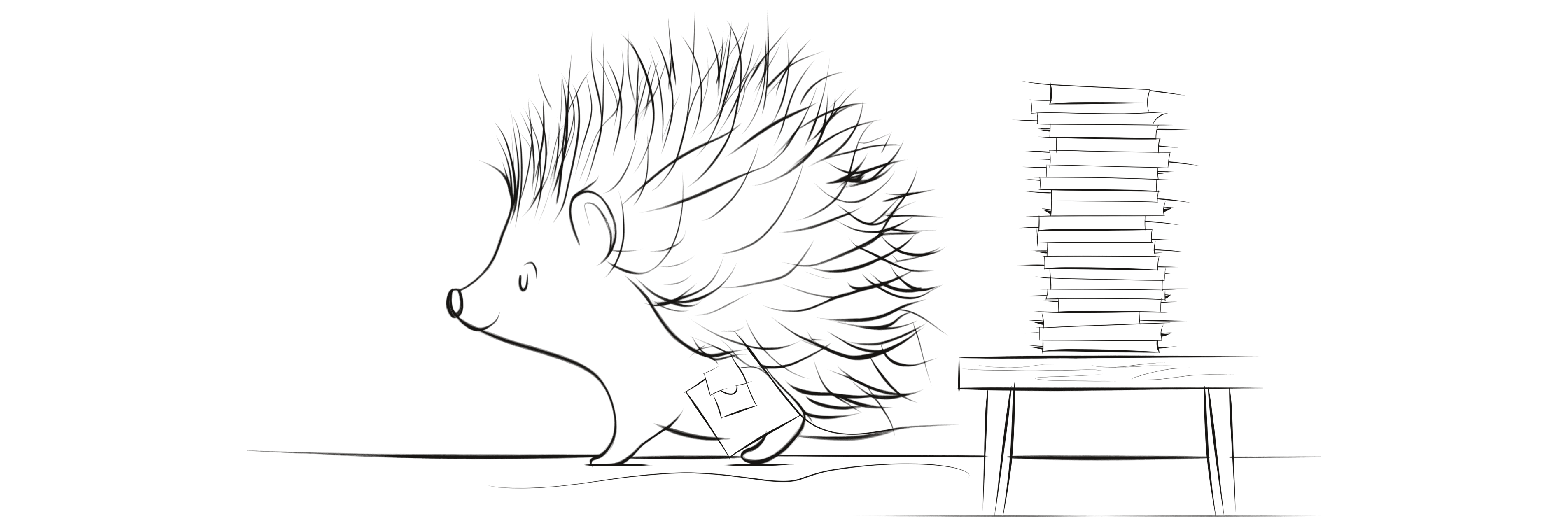 A hedgehog slips a single index card into its satchel, beside a tall stack of cards on a low table.