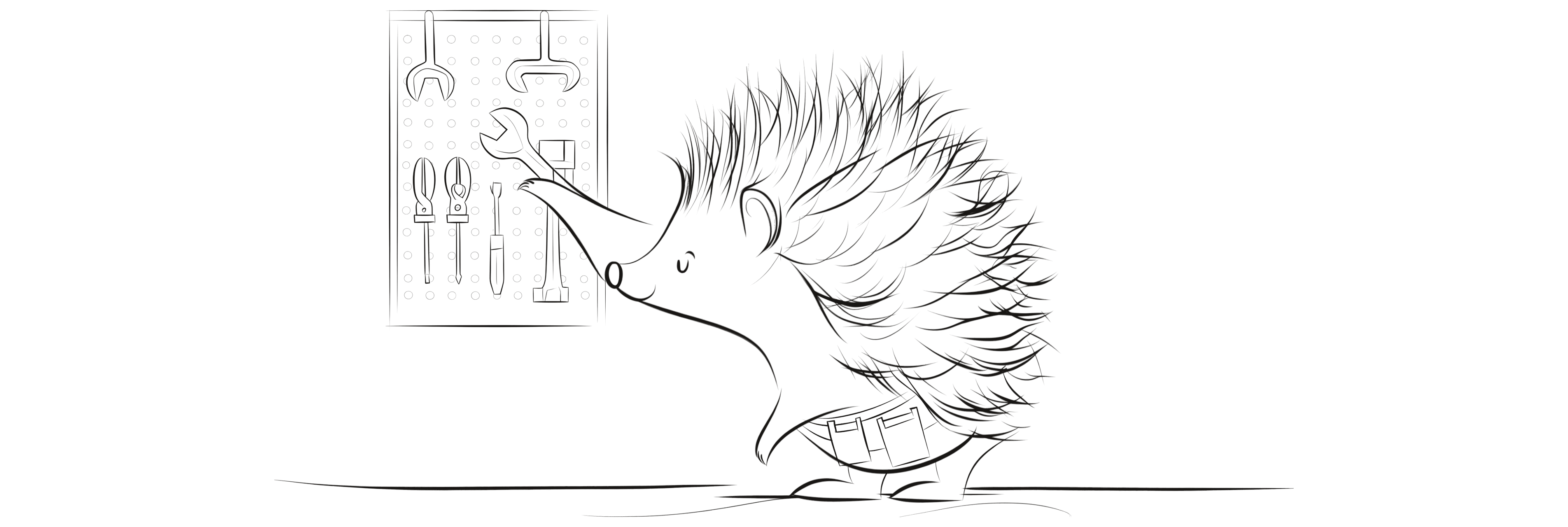 A hedgehog with a tool belt on holds a spanner it has taken from a pegboard of tools.