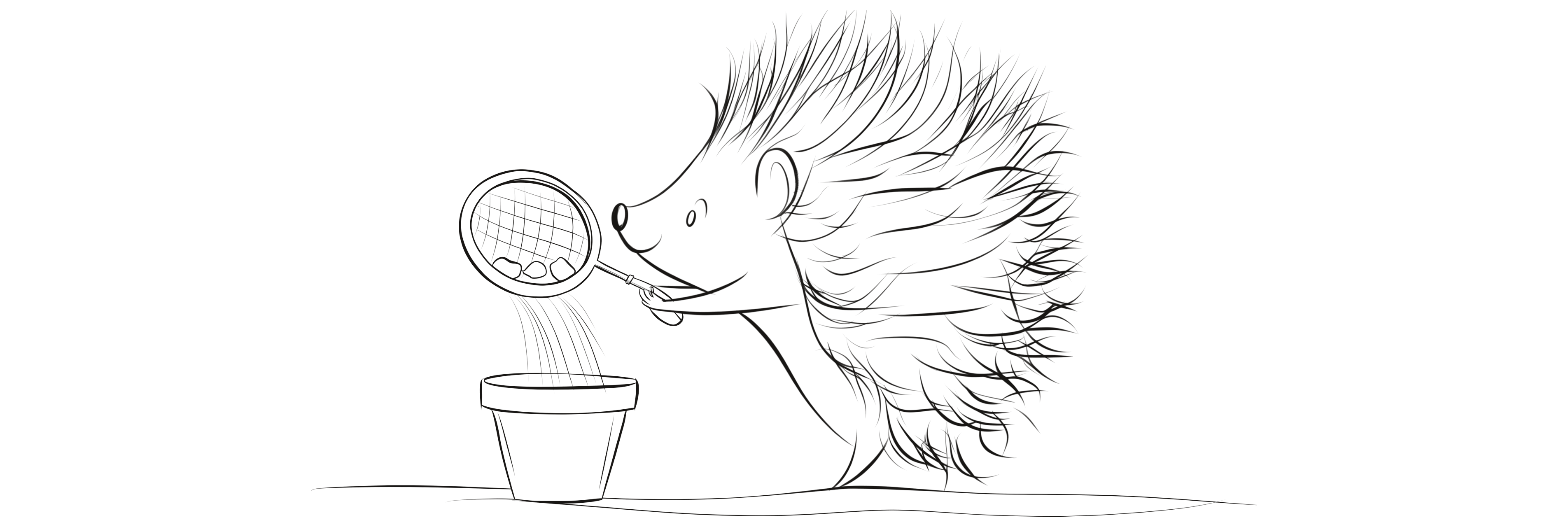 A hedgehog holds a small sieve over a flowerpot, and soil falls through while three stones stay caught in the mesh.
