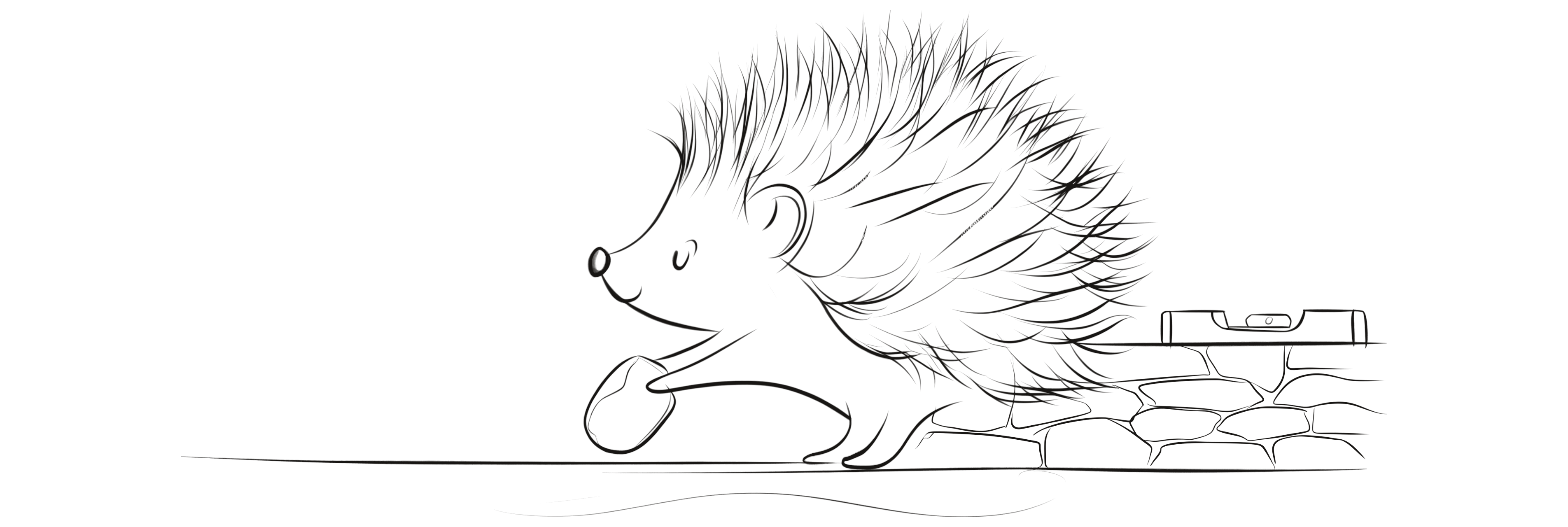 A hedgehog brings a stone over to a low dry-stone wall with a spirit level resting on top.