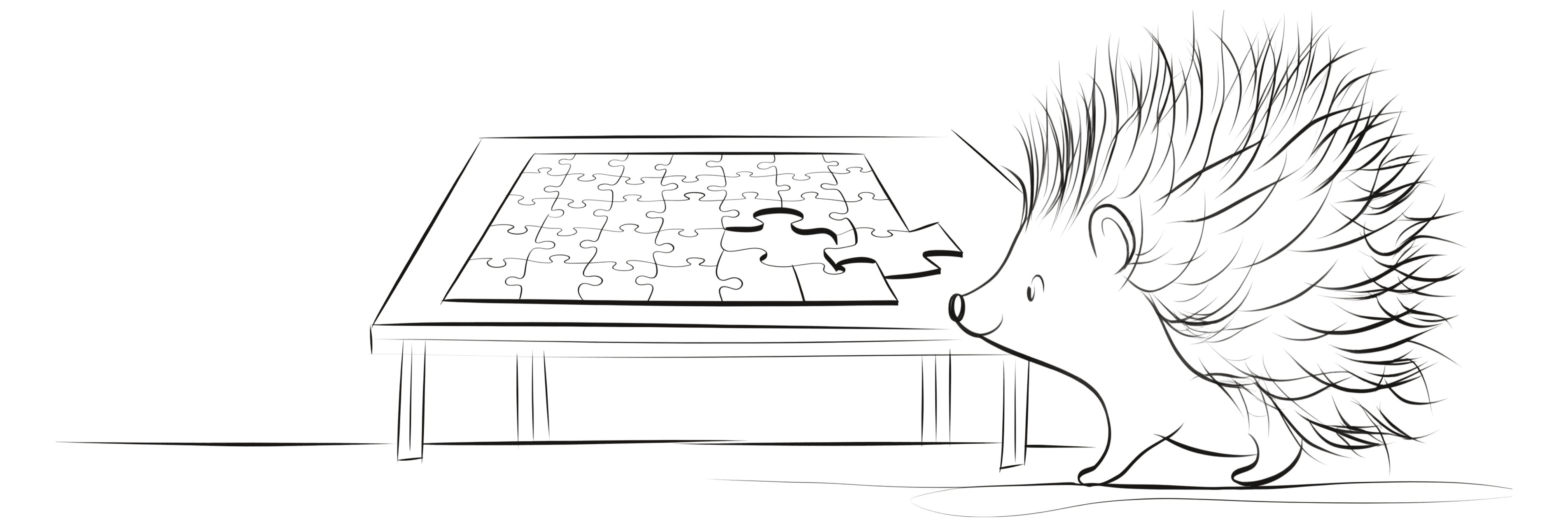 A hedgehog nudges the last piece into a wooden jigsaw laid out on a low table.