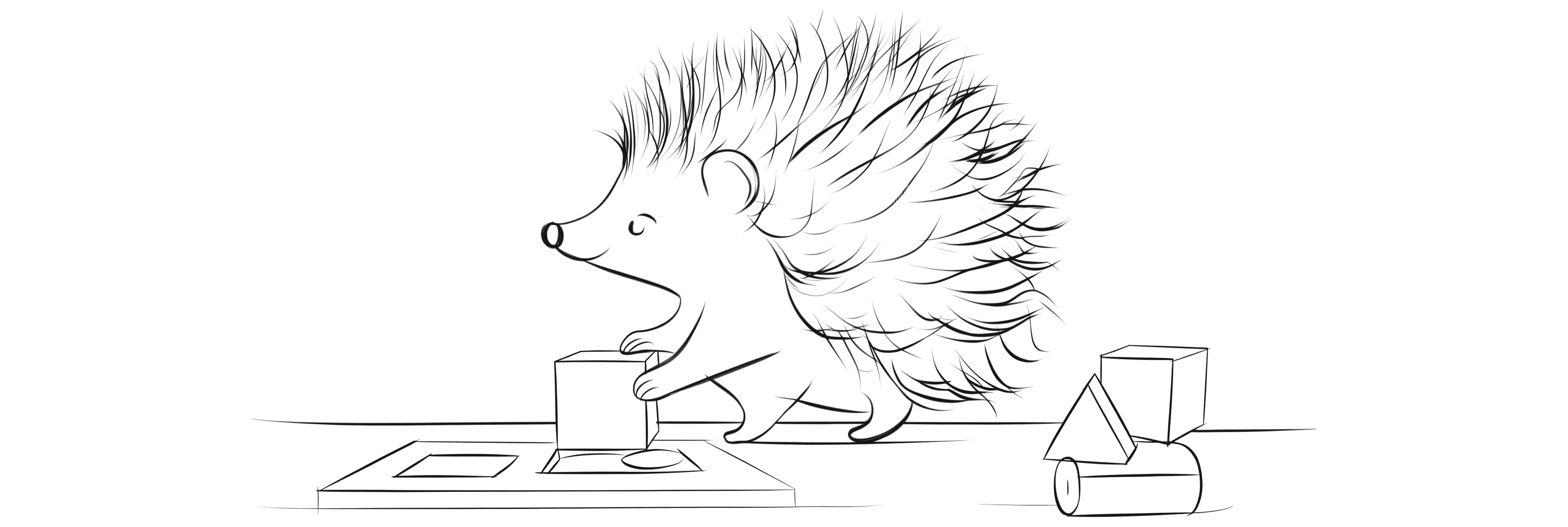 A hedgehog presses a block into the matching hole of a shape-sorter board, with spare shapes beside it.
