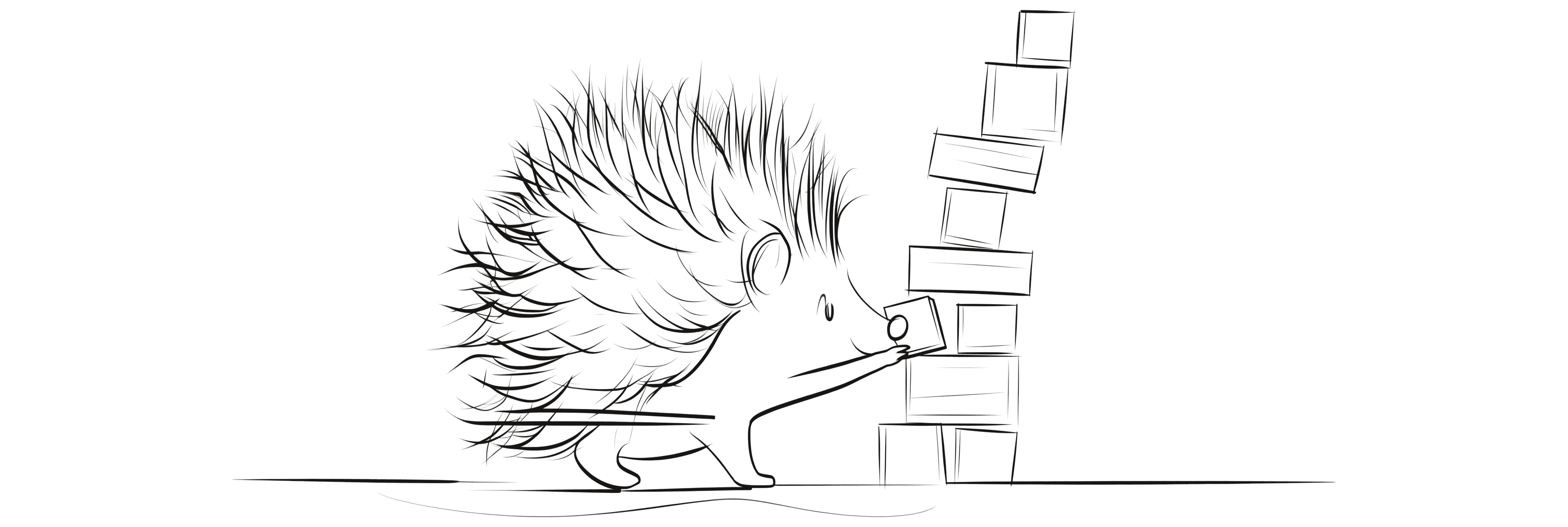 A hedgehog slides a block into a gap in a leaning tower of mismatched blocks.