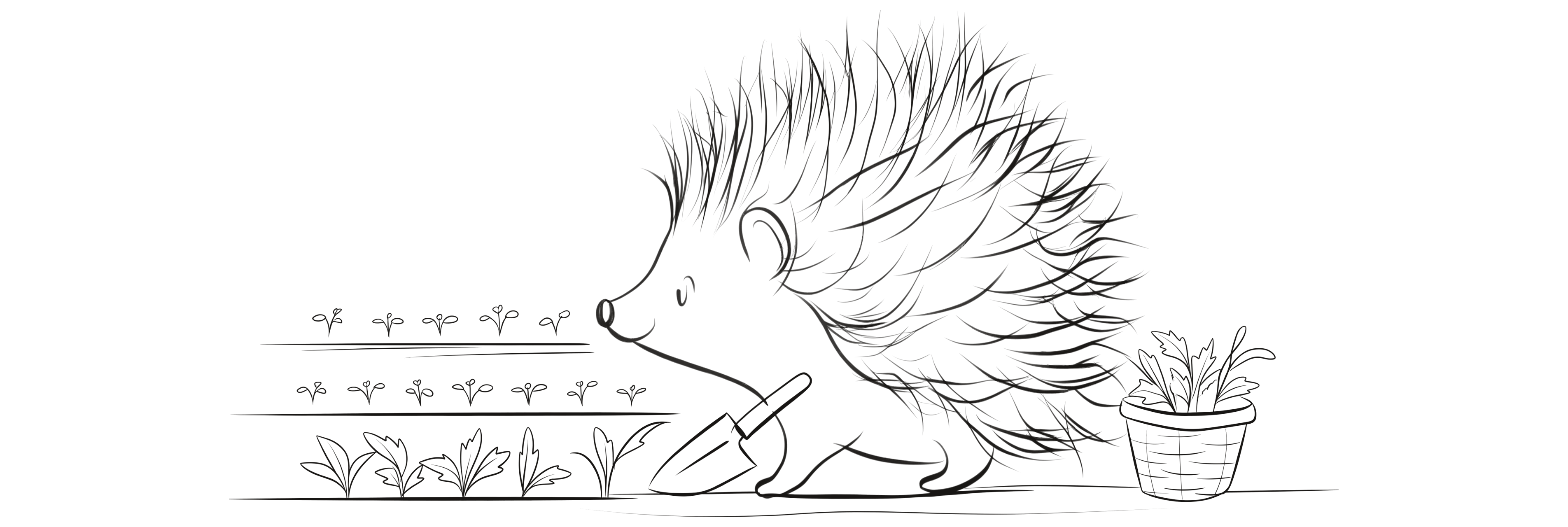 A hedgehog weeds a garden bed with a trowel, with neat rows of seedlings behind it and a basket of greens at its side.